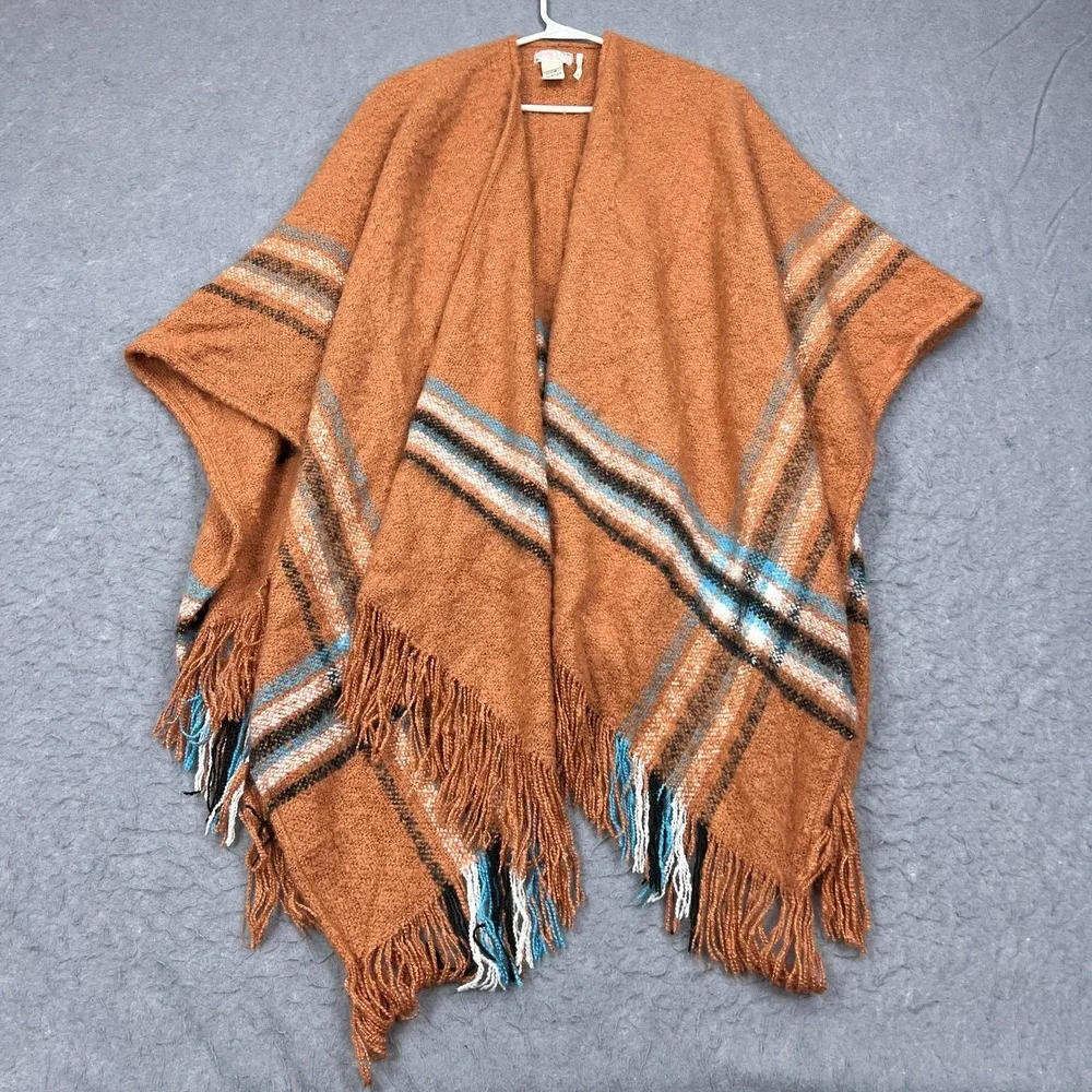 Free People Cardigan Women's OS Orange Fall Knit Plaid Blanket Wrap Shawl Tassel